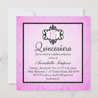 Elegante Pink/Schwarze Chic Damast Quinceanera Ein Einladung