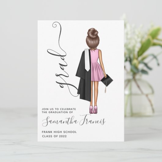 Elegante Pink und Brown Girl Graduation Party Einladung (Stehend Vorderseite)