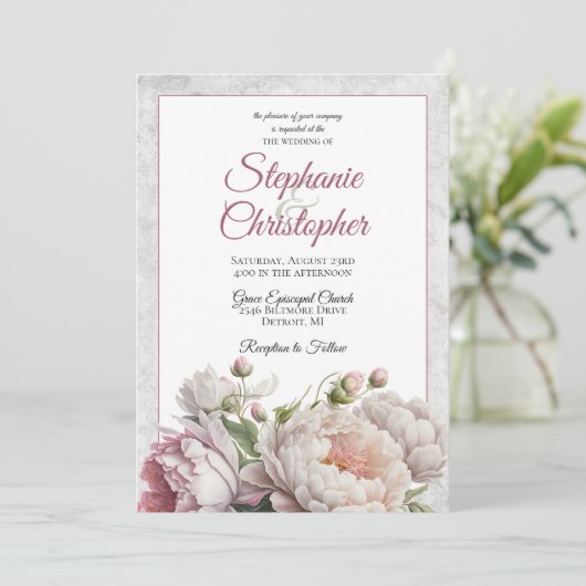 Elegante Pink White Floral Peonies Wedding Einladung (Stehend Vorderseite)