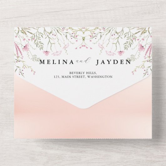 Elegante Pink Wild Floral Wedding All In One Einladung (Rückseite)