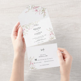 Elegante Pink Wild Floral Wedding All In One Einladung