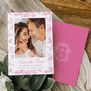 Elegante pinkfarbene Chinoiserie-Blumen-Hochzeitsf Save The Date