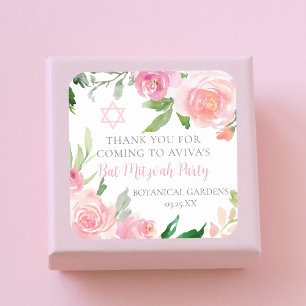 Elegante pinkfarbene florale Bat-Mizwa-Feier indiv Quadratischer Aufkleber
