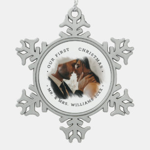 Elegante Pinselstrich-Overlay-Foto   Herr und Frau Schneeflocken Zinn-Ornament