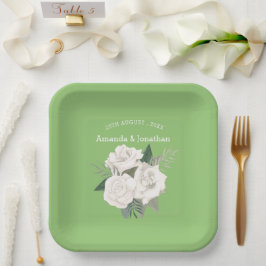 Elegante Pistachio Green und White Roses Wedding Pappteller