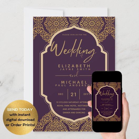 Elegante Plum Berry Gold Verziert Wedding Einladung