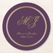 Elegante Plum Gold Monogram Script Hochzeit Runder Pappuntersetzer (Vorderseite)
