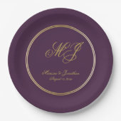Elegante Plum Lila Gold Monogram Script Hochzeit Pappteller (Vorderseite)
