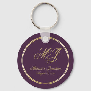 Elegante Plum Lila Gold Monogram Script Hochzeit Schlüsselanhänger