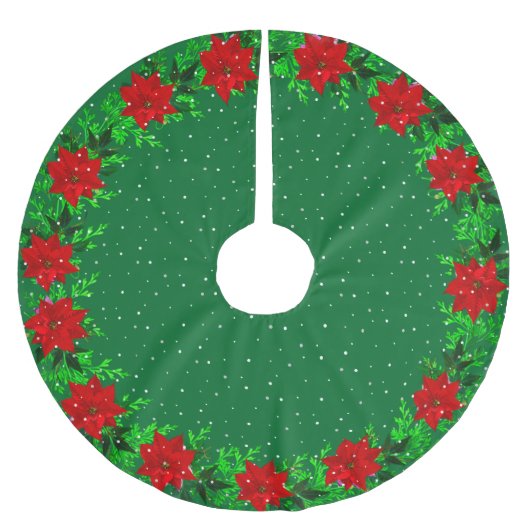 Elegante Poinsettia Blume Garland auf Grün Polyester Weihnachtsbaumdecke (Vorderseite)
