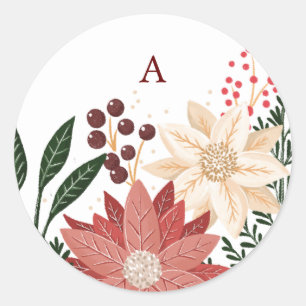 Elegante Poinsettia Christmas Monogram Watercolor Runder Aufkleber
