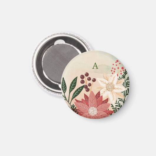 Elegante Poinsettia Monogram Holiday Watercolor Magnet (Vorderseite/Rückseite)