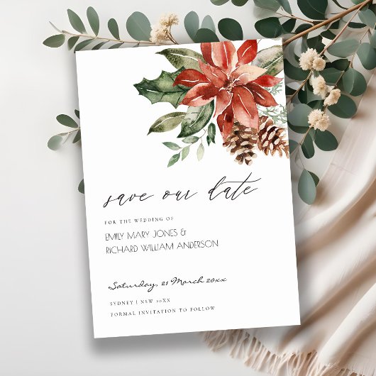 Elegante Poinsettia Pine Cone Save the Date Karte