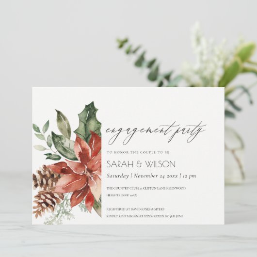 Elegante Poinsettia Pine Cone Verlobung Einladung (Stehend Vorderseite)