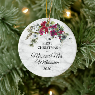 Elegante Poinsettia Pine Verheiratete Weihnachten Keramik Ornament