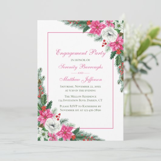 Elegante Poinsettia Pink Weihnachtsbindungsparty Einladung (Stehend Vorderseite)