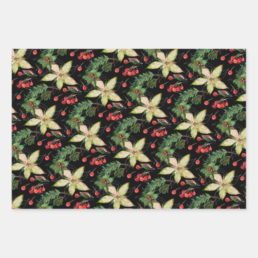 Elegante Poinsettia und Berries auf schwarz Geschenkpapier Set (Vorderseite 2)