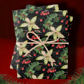 Elegante Poinsettia und Berries auf schwarz Geschenkpapier Set