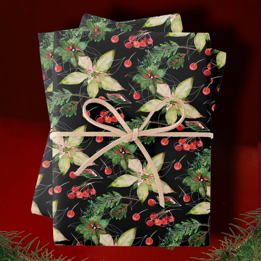 Elegante Poinsettia und Berries auf schwarz Geschenkpapier Set