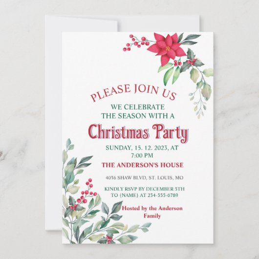 Elegante PoinsettiaGreen Blätter Red Holly Berries Einladung (Vorderseite)