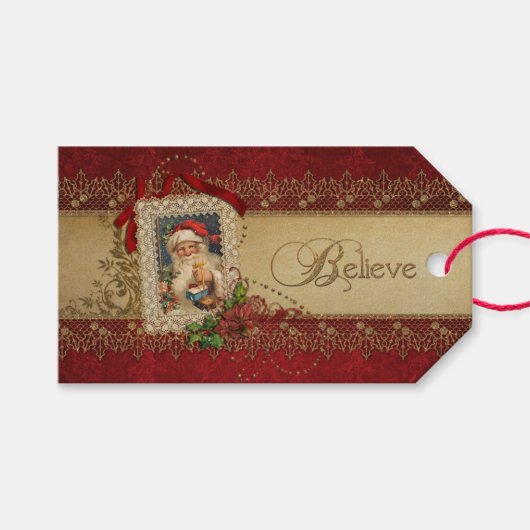 Elegante Poinsettias und Gold Wirbel Geschenkanhänger (Vorderseite (Horizontal))