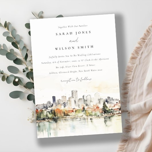 Elegante Portland Oregon Skyline Watercolor Weddin Einladung