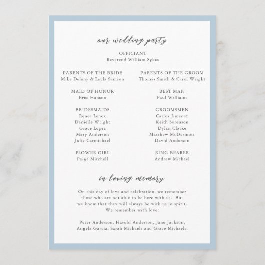 Elegante Powder Blue Monogram Modern Wedding Programm (Rückseite)