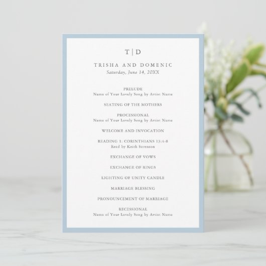 Elegante Powder Blue Monogram Modern Wedding Programm (Stehend Vorderseite)