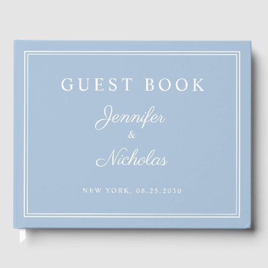 Elegante Powderblaue Schrift Hochzeit Gästebuch (Vorderseite)