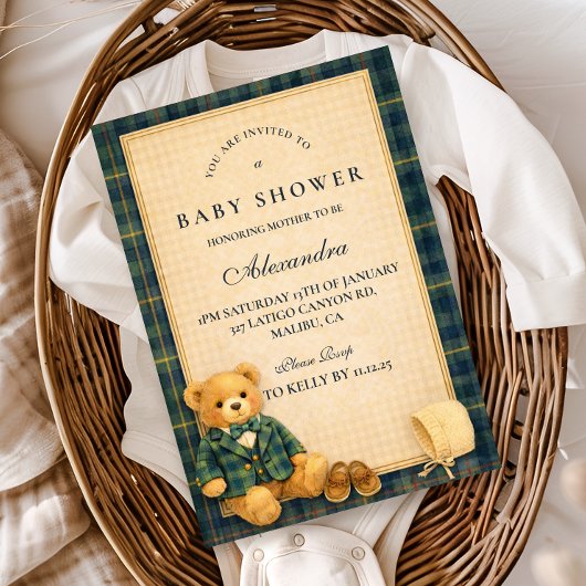 Elegante Preppy-Teddybär-Babyshower Einladung
