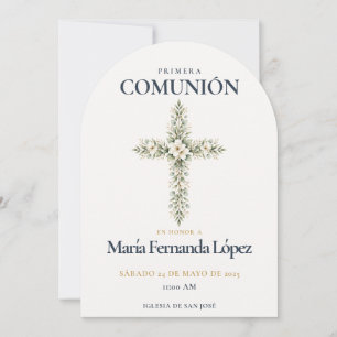 Elegante Primera-Comunión-Kreuz Botanisch Einladung
