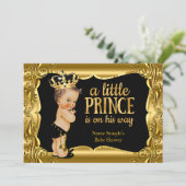 Elegante Prince Baby Shower Black Gold Brünett Einladung (Stehend Vorderseite)