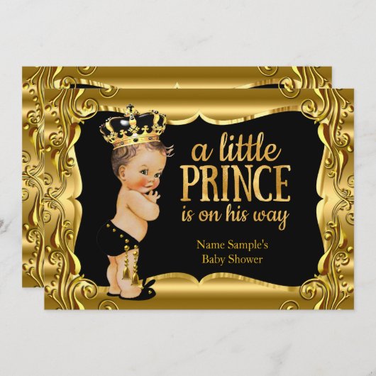 Elegante Prince Baby Shower Black Gold Brünett Einladung (Vorne/Hinten)
