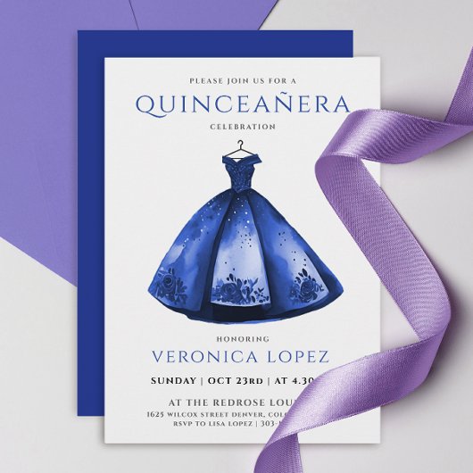 Elegante Princess Blue Dress Quinceñera Wasserfarb Einladung