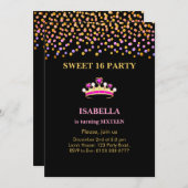 Elegante Princess Crown Sweet 16 auf Black Einladung (Vorne/Hinten)