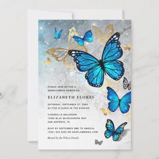 Elegante Princess Gold Blue Butterfly Quinceanera Einladung (Vorderseite)