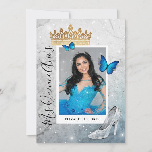 Elegante Princess Gold Blue Butterfly Quinceanera Einladung (Rückseite)
