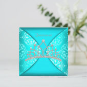 Elegante Princess Tiara Aquamarin Blue Quinceanera Einladung (Stehend Vorderseite)