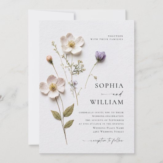 Elegante Print Pressed Pastel Boho Blume Hochzeit Einladung (Vorderseite)