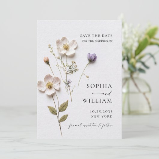 Elegante Print Pressed Pastel Boho Blume Hochzeit Save The Date (Stehend Vorderseite)