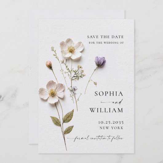 Elegante Print Pressed Pastel Boho Blume Hochzeit Save The Date (Vorne/Hinten)
