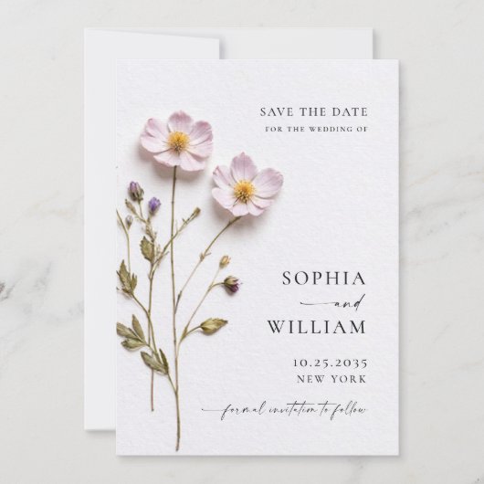 Elegante Print Pressed Pastel Boho Blume Hochzeit Save The Date (Vorderseite)