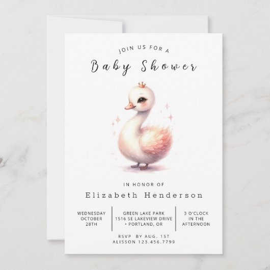 Elegante Printable Swan Baby Shower Einladung (Vorderseite)