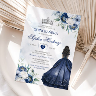 Elegante Prinzessin Quiñceanera Navy Blumensilber Einladung