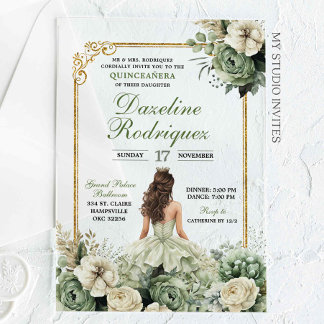 Elegante Prinzessin Sage Green Floral Quinceañera Acryleinladungen