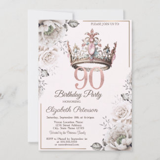 Elegante Prinzessinnenkrone Floral 90. Geburtstags Einladung