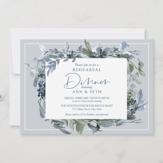 Elegante Probe Abendessen Blaue Flora und Fauna Einladung (Vorderseite)