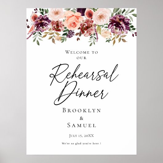 Elegante Probe Abendessen Bordeaux floraler Empfan Poster (Vorne)