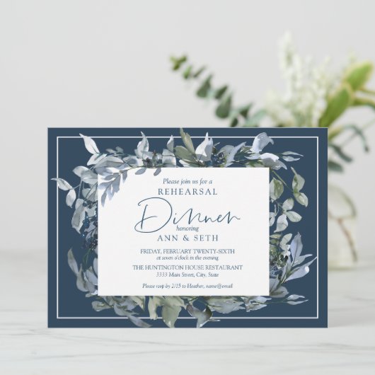 Elegante Probe Abendessen Dunkelblauer Blumenstrau Einladung (Stehend Vorderseite)