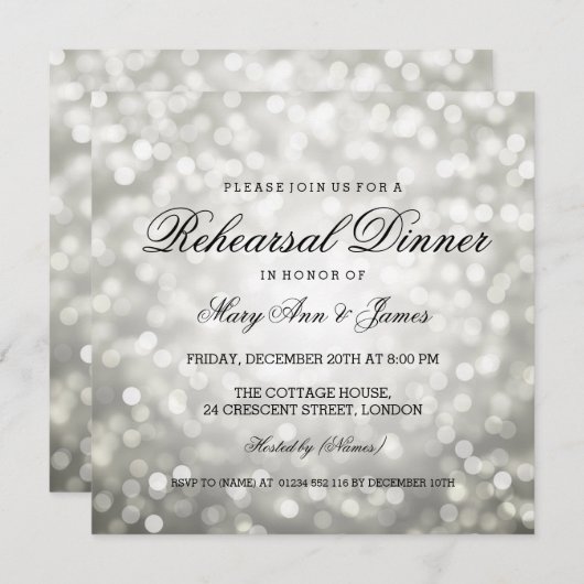 Elegante Probe Abendessen Silberner Glitzer Lichte Einladung (Vorne/Hinten)